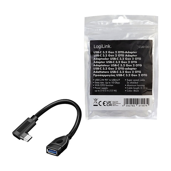 LogiLink Adaptador USB 3.2 Gen2 Type-C C/M 90° a USB-A/F, 10 Gbps, 15W, OTG, negro, 0.2 m