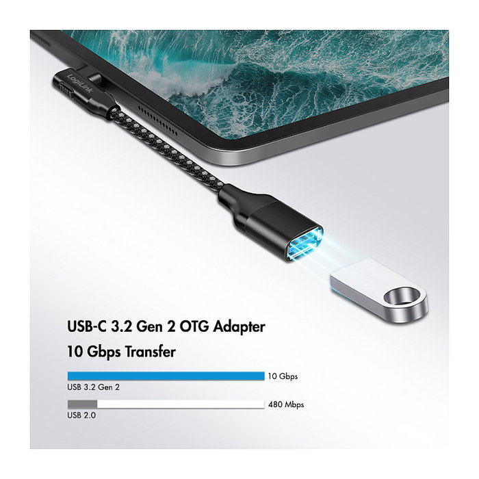 LogiLink Adaptador USB 3.2 Gen2 Type-C C/M 90° a USB-A/F, 10 Gbps, 15W, OTG, negro, 0.2 m