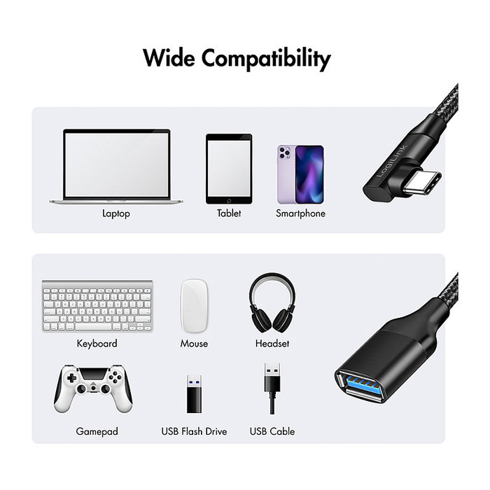 LogiLink Adaptador USB 3.2 Gen2 Type-C C/M 90° a USB-A/F, 10 Gbps, 15W, OTG, negro, 0.2 m