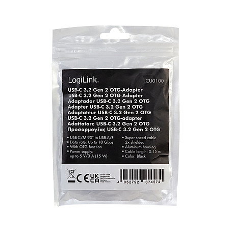LogiLink Adaptador USB 3.2 Gen2 Type-C C/M 90° a USB-A/F, 10 Gbps, 15W, OTG, negro, 0.2 m