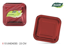 Algon Set 10 Platos de Cartón Rojos Cuadrados 23 cm (18 Unidades)