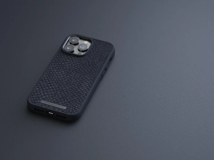 Njord byELEMENTS - Funda con piel de salmón para iPhone 14 Pro Max con MagSafe - Negro - Protección certificada MIL-STD-810H