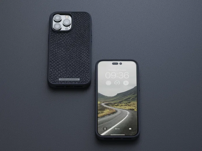 Njord byELEMENTS - Funda con piel de salmón para iPhone 14 Pro Max con MagSafe - Negro - Protección certificada MIL-STD-810H