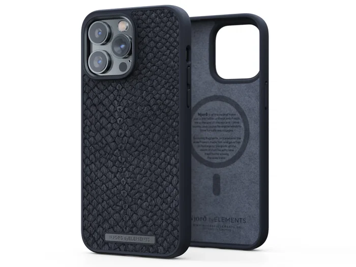 Njord byELEMENTS - Funda con piel de salmón para iPhone 14 Pro Max con MagSafe - Negro - Protección certificada MIL-STD-810H