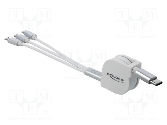 DeLOCK Cable de carga retráctil 3 en 1 USB Type-C a Lightning/Micro USB/USB Type-C Blanco
