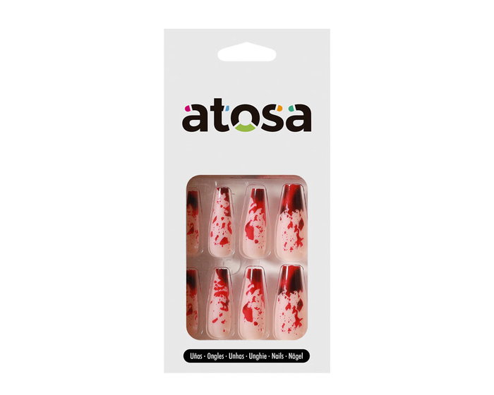 Uñas Postizas Halloween con Salpicaduras de Sangre Roja en Tono Nude Uñas Postizas Halloween con Salpicaduras de Sangre Roja en Tono Nude