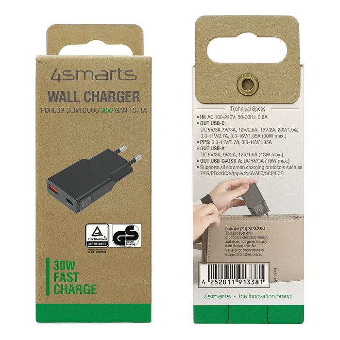 4smarts PDPlug Slim Duos 541744 Cargador GaN 30W USB-C + USB-A Quick Charge 3.0, Negro 4smarts PDPlug Slim Duos 541744 Cargador GaN 30W USB-C + USB-A Quick Charge 3.0, Negro