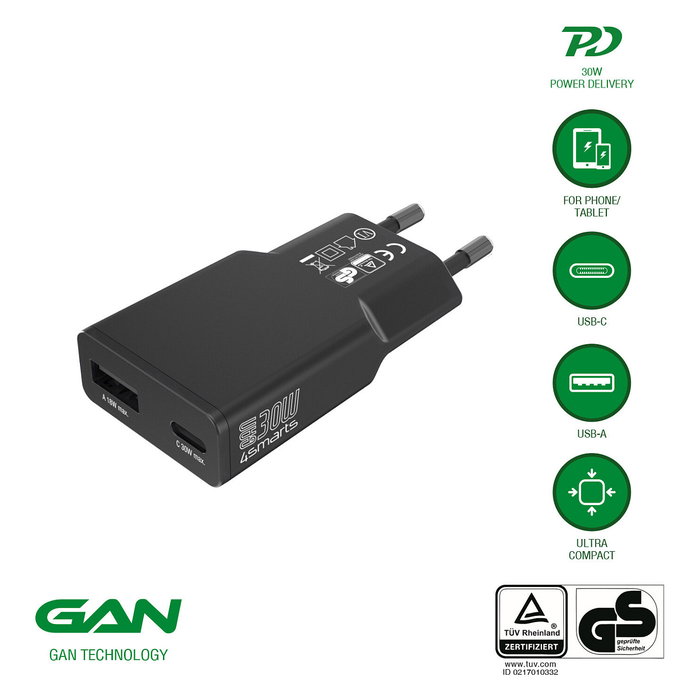 4smarts PDPlug Slim Duos 541744 Cargador GaN 30W USB-C + USB-A Quick Charge 3.0, Negro 4smarts PDPlug Slim Duos 541744 Cargador GaN 30W USB-C + USB-A Quick Charge 3.0, Negro