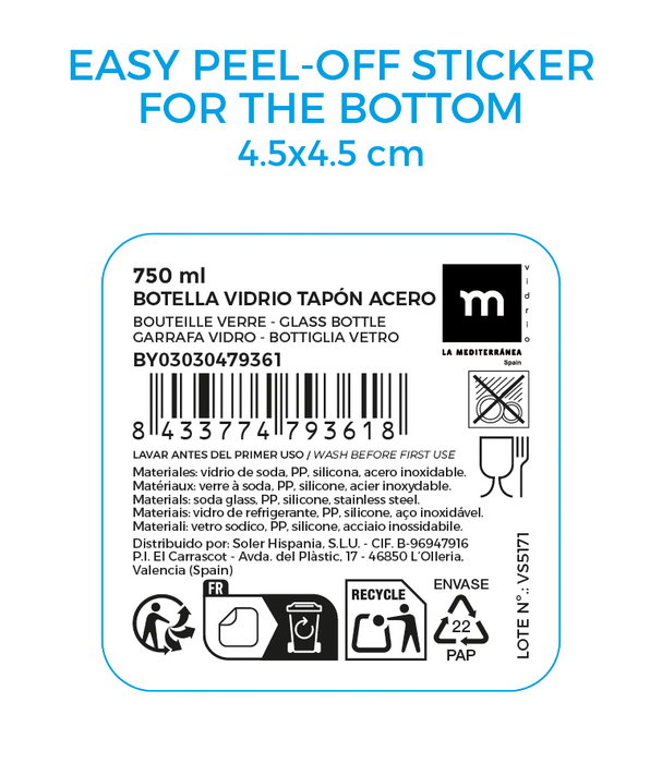 Inde Botella Vidrio Transparente 750 ml con Tapa de Acero La Mediterran 7.7 x 7.7 x 21 cm (24 Unidades) Inde Botella Vidrio Transparente 750 ml con Tapa de Acero La Mediterran 7.7 x 7.7 x 21 cm (24 Unidades)