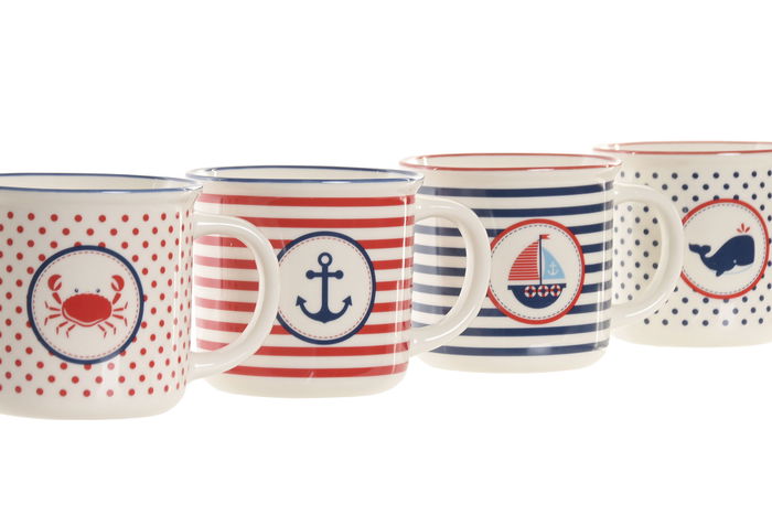 DKD Home Decor Mug Mediterraneo Azul Marino Rojo Porcelana New Bone Apto Microondas Lavavajillas 9.5x9x12.5 cm (12 Unidades)