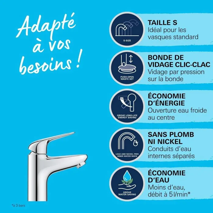 Grohe 24323001 Mezclador Monomando de Lavabo Cromo Talla S Apertura Agua Fría Ahorro Agua Desagüe Click-Clack Grohe 24323001 Mezclador Monomando de Lavabo Cromo Talla S Apertura Agua Fría Ahorro Agua Desagüe Click-Clack