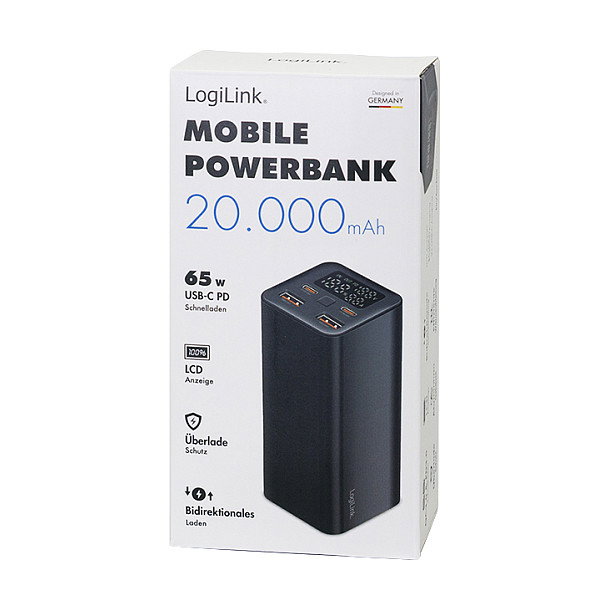LogiLink Mobile Power Bank 20.000 mAh PD 65 W, negro