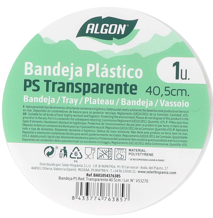 Algon Bandeja Ps Red. Transparente, 40.5 cm x 40.5 cm x 1.7 cm (18 Unidades)