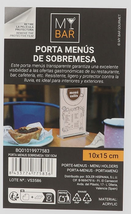 My Bar Porta Menus Sobremesa 10 x 15 cm (24 Unidades)