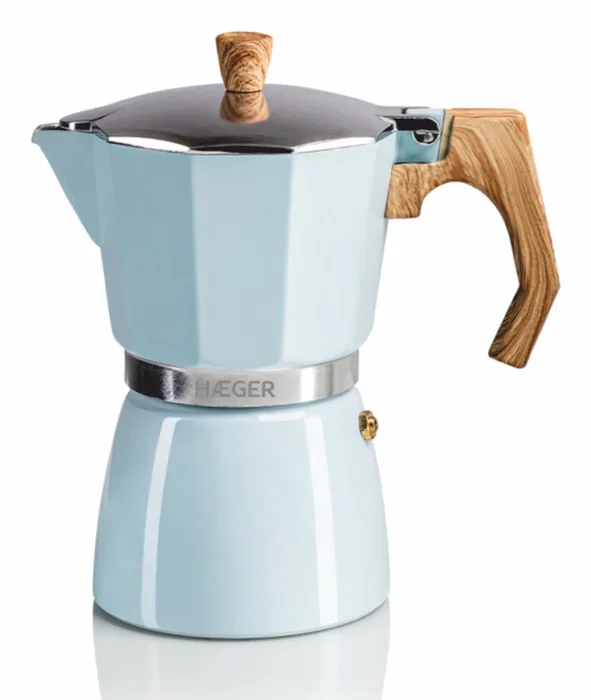 Haeger Cafetera Italiana Moka Pot 6, 6 Tazas, Azul, Aluminio, Baquelita y Silicona, 145 mm