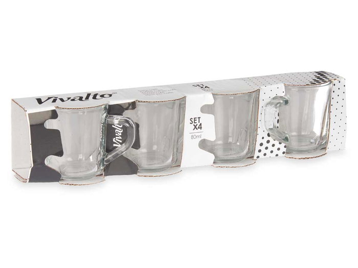 Vivalto Set de 4 Tazas de Vidrio para Café con Asa, 80 ml, 30x7x5 cm (24 Unidades)