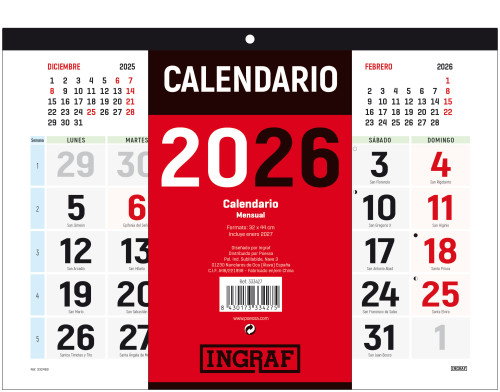 Ingraf Calendario 2026 Pared Horizontal Doble Cara Castellano 333427 42x30 cm