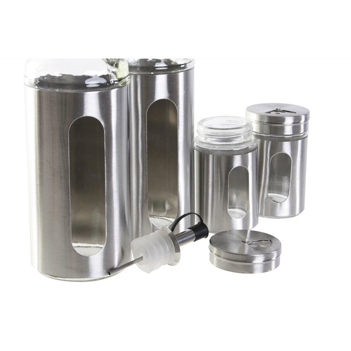 DKD Home Decor Set de 4 Vinagreras de Acero Inoxidable y Cristal Plateado
