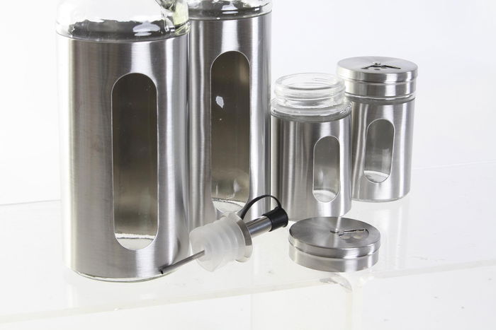 DKD Home Decor Vinagrera Plateado Inox y Cristal Set de 4 Piezas 22x5.4x22 cm