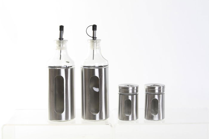 DKD Home Decor Vinagrera Plateado Inox y Cristal Set de 4 Piezas 22x5.4x22 cm