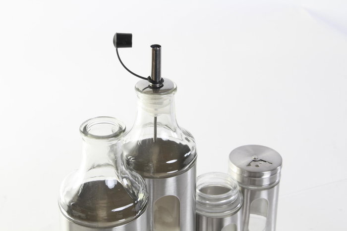 DKD Home Decor Vinagrera Plateado Inox y Cristal Set de 4 Piezas 22x5.4x22 cm