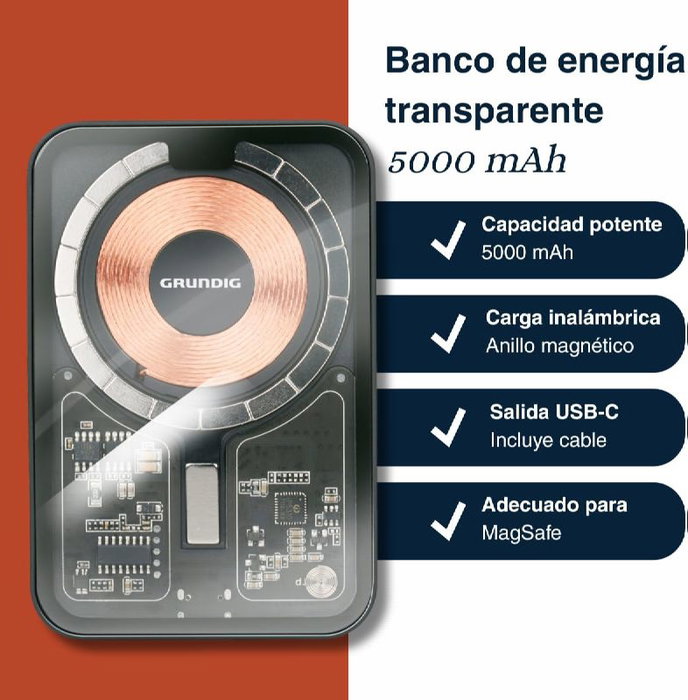 Grundig Power Bank 5000 mAh con Carga MagSafe y Puerto Tipo-C - Recargable