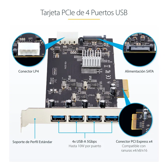 StarTech.com P5Q4A-USB-CARD Tarjeta PCI Express USB 3.2 Gen 1 - 4 Puertos Tipo A de 5 Gbps con Controladores Independientes y Alta Potencia, Compatible con PCIe 2.0 x4/x8/x16
