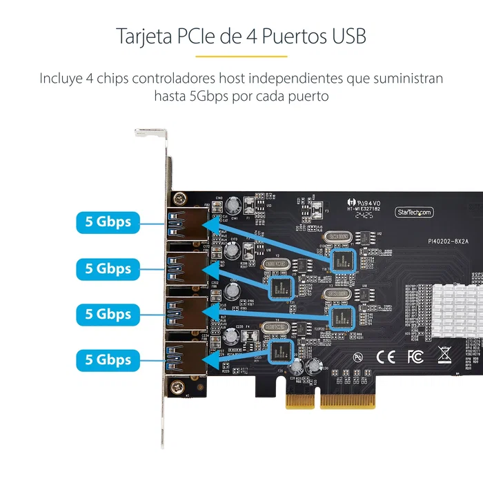 StarTech.com P5Q4A-USB-CARD Tarjeta PCI Express USB 3.2 Gen 1 - 4 Puertos Tipo A de 5 Gbps con Controladores Independientes y Alta Potencia, Compatible con PCIe 2.0 x4/x8/x16