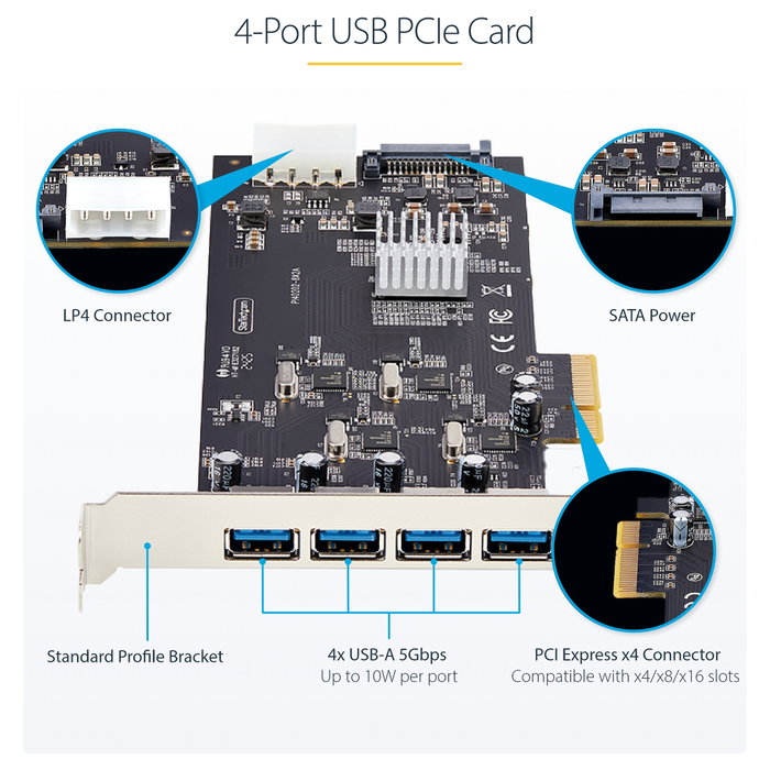 StarTech PCIe 4 Puertos USB-A Controlador Tarjeta de Expansión