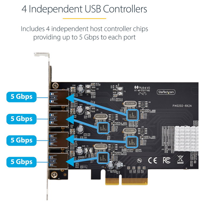StarTech PCIe 4 Puertos USB-A Controlador Tarjeta de Expansión