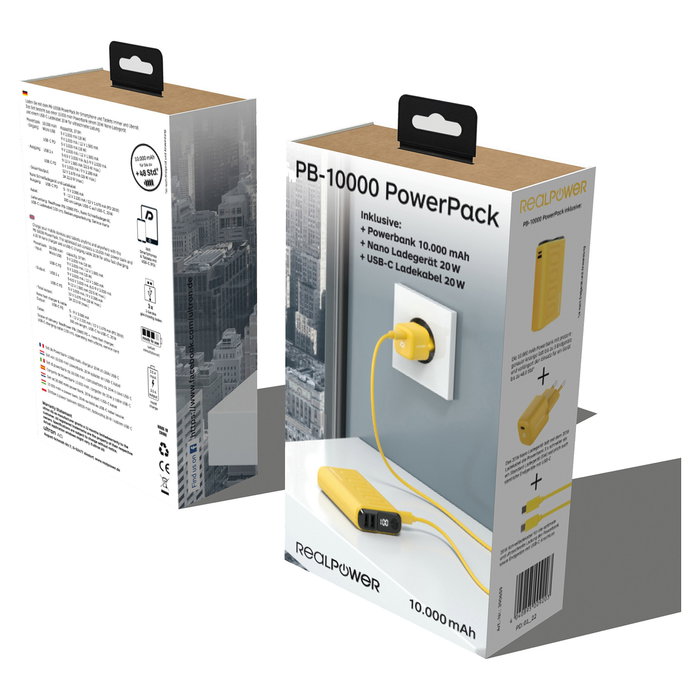 RealPower Powerbank PB-10000 10000mAh Carga Rápida USB Power Delivery 20W, 3 Puertos, Color Amarillo