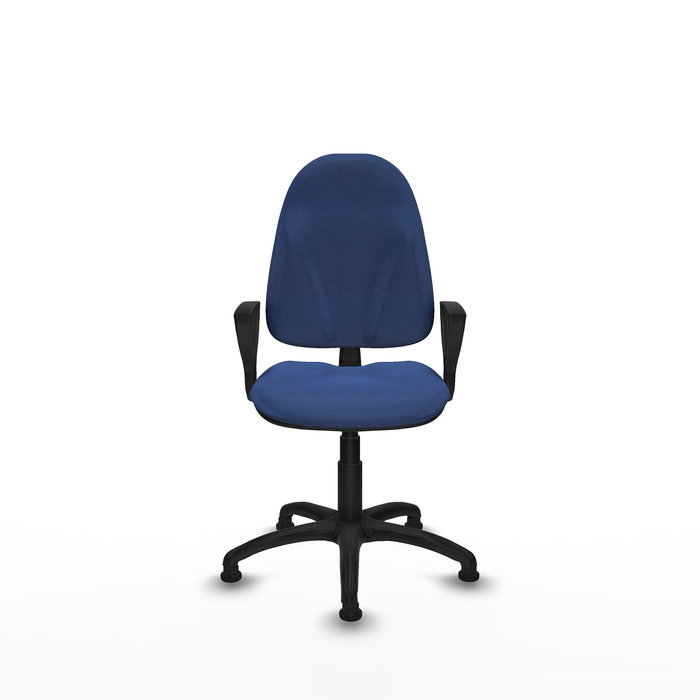Silla de oficina Algarra con mecanismo Contacto permanente básico tapizada con Tela color Azul marino. Equipada con Base poliamida negra, Brazos fijosy Topes