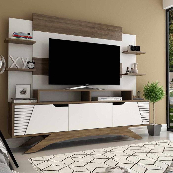 Hanah Home Mueble de TV Moderno Novedoso Nogal y Blanco 180cm Ancho x 148.6cm Alto x 29.5cm Profundidad - Espacioso Almacenamiento, Diseño Elegante para Salón