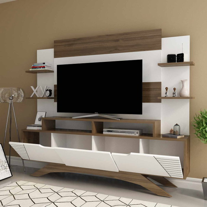 Hanah Home Mueble de TV Moderno Novedoso Nogal y Blanco 180cm Ancho x 148.6cm Alto x 29.5cm Profundidad - Espacioso Almacenamiento, Diseño Elegante para Salón