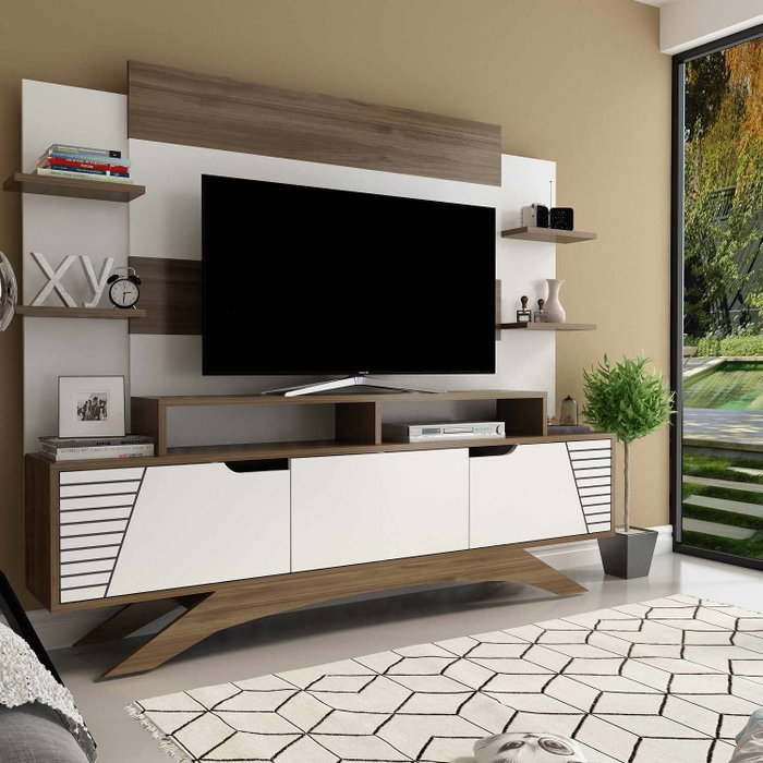 Hanah Home Mueble de TV Moderno Novedoso Nogal y Blanco 180cm Ancho x 148.6cm Alto x 29.5cm Profundidad - Espacioso Almacenamiento, Diseño Elegante para Salón