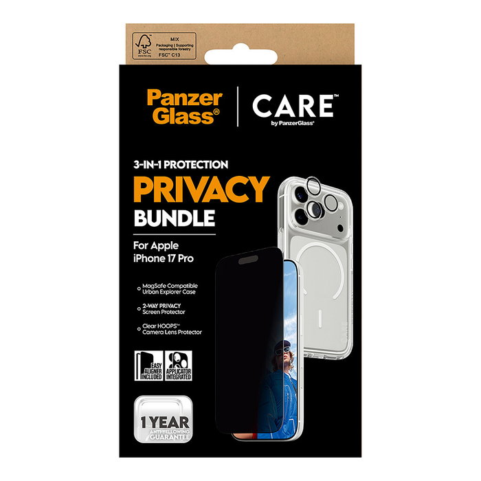 PanzerGlass CARE by Protector de Pantalla 3-en-1 Privacidad para Apple iPhone 17 Pro - Vidrio Templado Antihuellas Aplicación en Seco