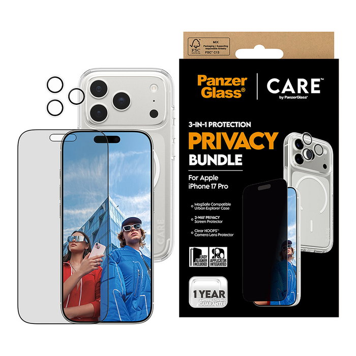 PanzerGlass CARE by Protector de Pantalla 3-en-1 Privacidad para Apple iPhone 17 Pro - Vidrio Templado Antihuellas Aplicación en Seco