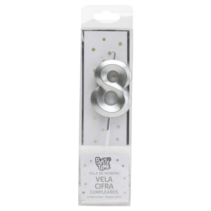 Party Time Vela Aniversario Cifra 8 Plata Fiesta 3.5x0.7cm h.13cm