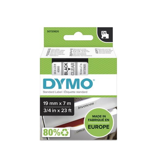 Dymo Cinta D1 Negro sobre Transparente 19mm x 7m