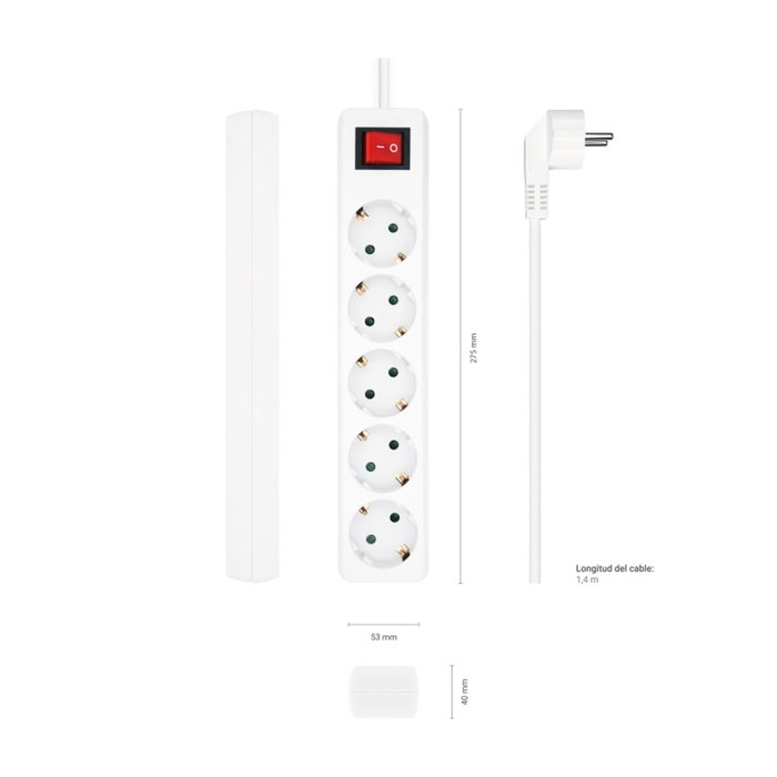 Aisens Regleta de 5 Tomas con Interruptor, Cable 1,4 m, Blanco