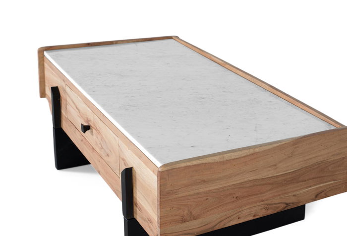 GINER Y COLOMER Mesa de Centro de Acacia y Mármol Blanco con Cajón, 120x60x45 cm