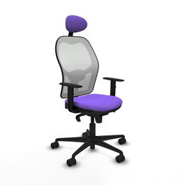 Silla de oficina Jorquera con mecanismo Sincro tapizada con Tela color Lila y malla color Blanco. Equipada con lumbar 1D, Brazos 1D, Cabecero Fijo y Ruedas 65mm nailon