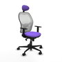 Silla de oficina Jorquera con mecanismo Sincro tapizada con Tela color Lila y malla color Blanco. Equipada con lumbar 1D, Brazos 1D, Cabecero Fijo y Ruedas 65mm nailon