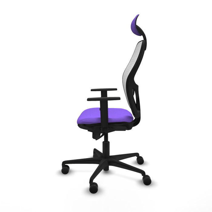 Silla de oficina Jorquera con mecanismo Sincro tapizada con Tela color Lila y malla color Blanco. Equipada con lumbar 1D, Brazos 1D, Cabecero Fijo y Ruedas 65mm nailon
