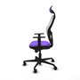 Silla de oficina Jorquera con mecanismo Sincro tapizada con Tela color Lila y malla color Blanco. Equipada con lumbar 1D, Brazos 1D, Cabecero Fijo y Ruedas 65mm nailon