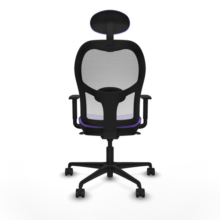 Silla de oficina Jorquera con mecanismo Sincro tapizada con Tela color Lila y malla color Blanco. Equipada con lumbar 1D, Brazos 1D, Cabecero Fijo y Ruedas 65mm nailon
