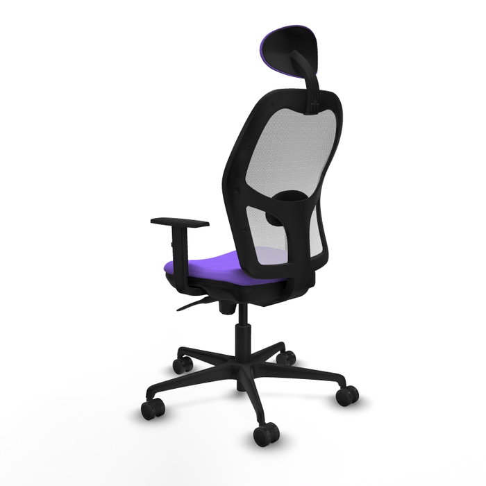 Silla de oficina Jorquera con mecanismo Sincro tapizada con Tela color Lila y malla color Blanco. Equipada con lumbar 1D, Brazos 1D, Cabecero Fijo y Ruedas 65mm nailon