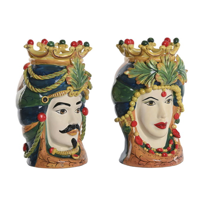DKD Home Decor Set de 2 Maceteros de Porcelana Cabeza Siciliana Verde/Multicolor DKD Home Decor Set de 2 Maceteros de Porcelana Cabeza Siciliana Verde/Multicolor