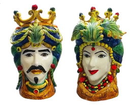 DKD Home Decor Set de 2 Maceteros de Porcelana Cabeza Siciliana Verde/Multicolor