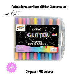 ARTIST BY ALEX BOG Estuche de 24 rotuladores 2 en 1, 48 colores glitter markers con punta cónica
